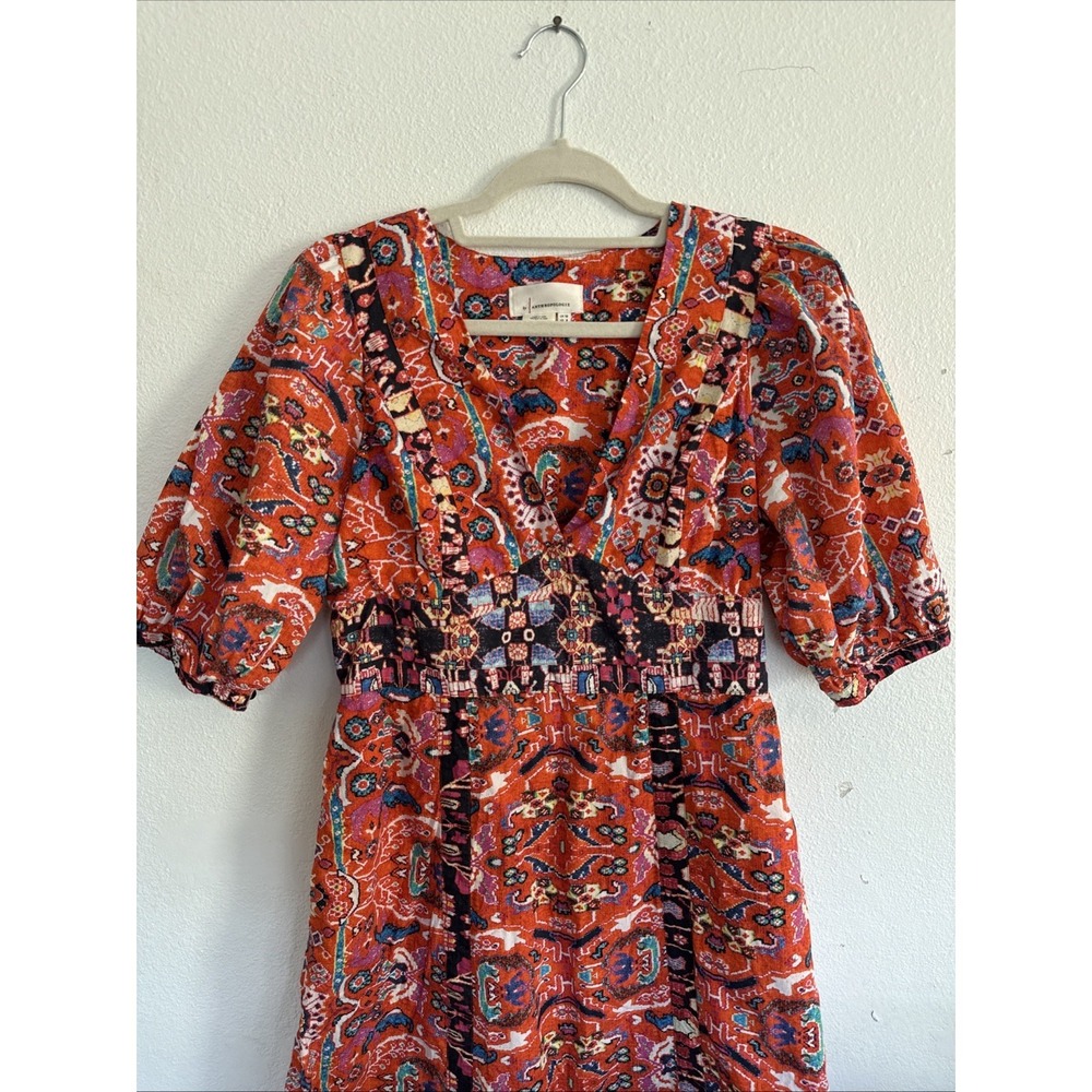 Anthropologie Paisley Midi Dress Womens 6 Orange Red Boho Puff Sleeve Side Slit - Picture 2 of 10